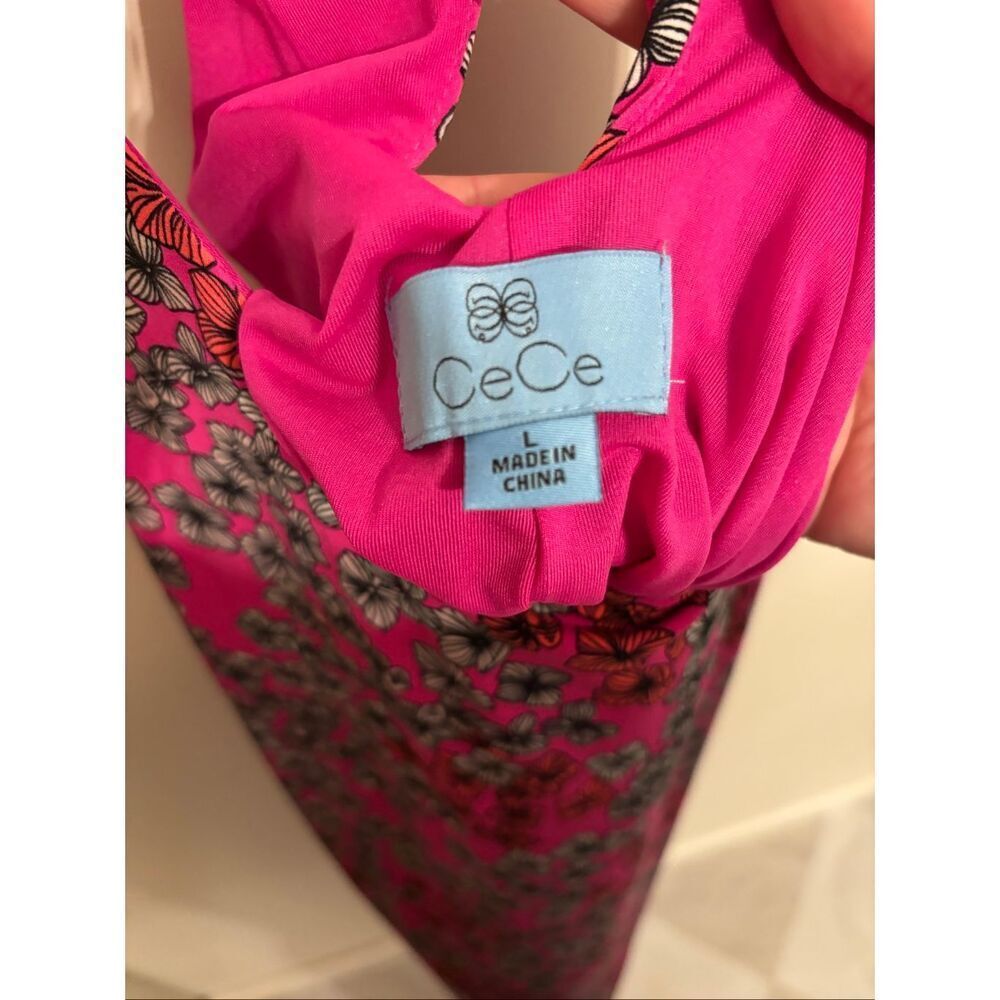 CeCe Twist-Back Halter Dress Size Large Pink Floral Above-the-Knee Stretchy Soft - Picture 8 of 8